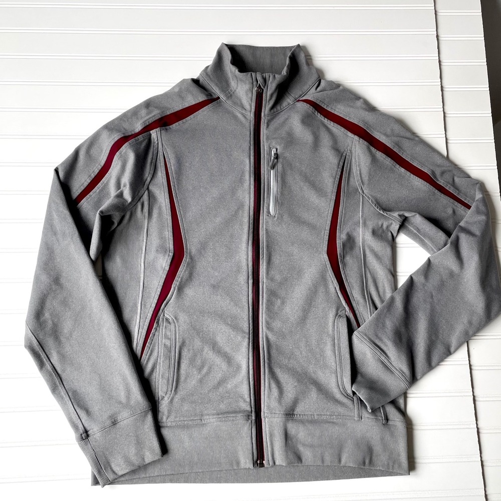 Lululemon Men Track Jacket Sz M Grey Burgundy Full Zip Smash Mock Neck Athletic